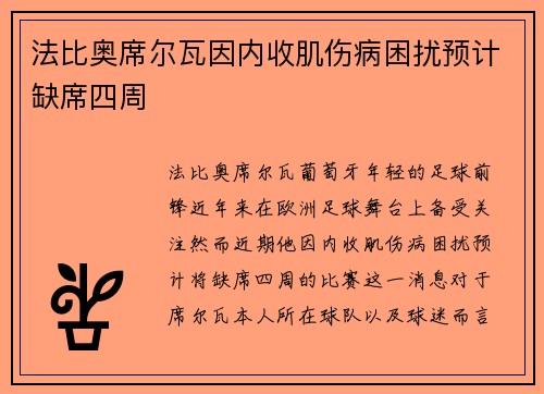 法比奥席尔瓦因内收肌伤病困扰预计缺席四周 