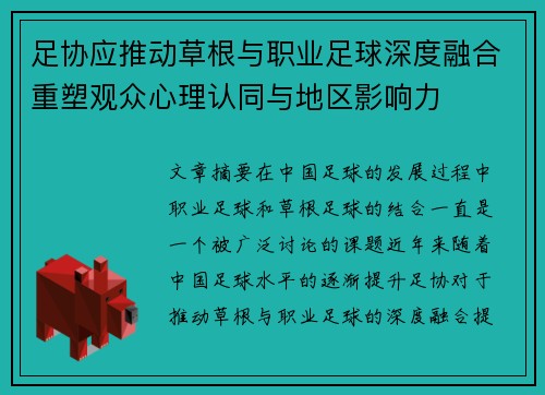 足协应推动草根与职业足球深度融合重塑观众心理认同与地区影响力